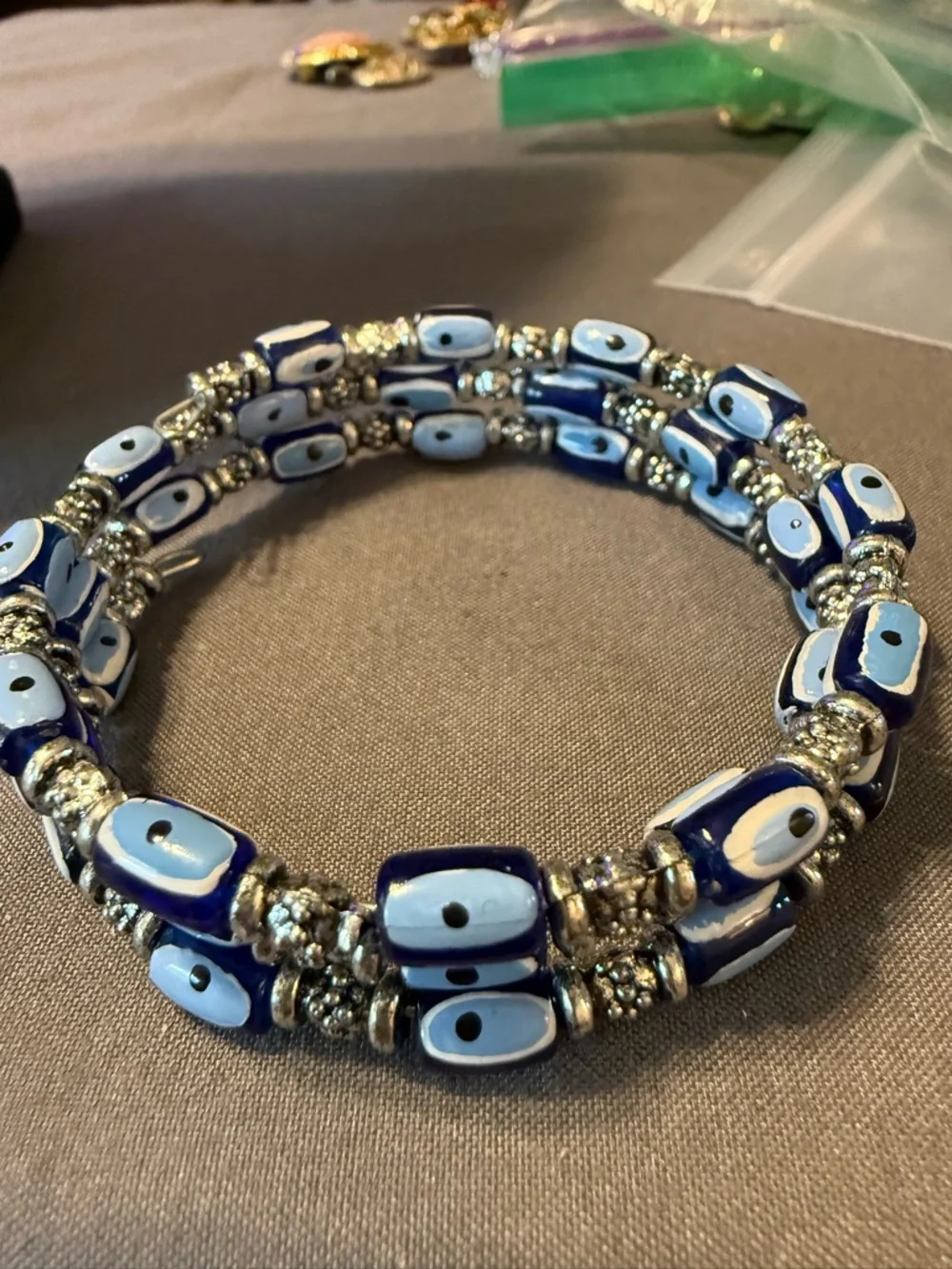 Blue & White Beaded Wrap Bracelet Silver Tone Multi Strand